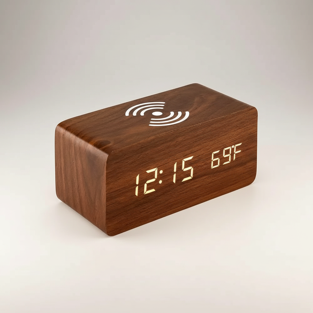Holzwecker mit LED-Display, kabellosen Ladefunktion und Temperaturanzeige