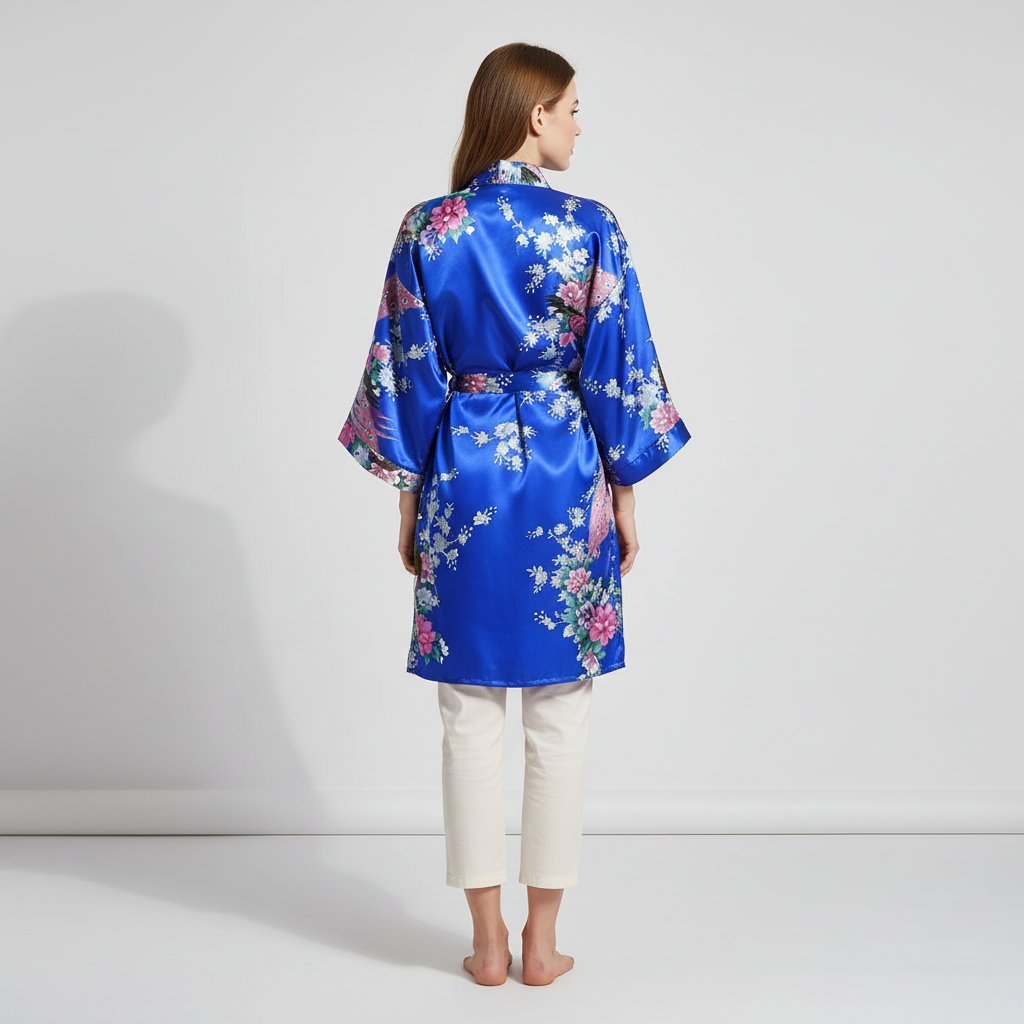 Kurzer Blüten-Kimono-Bademantel knielang mit Glanzfinish und breiten Ärmeln