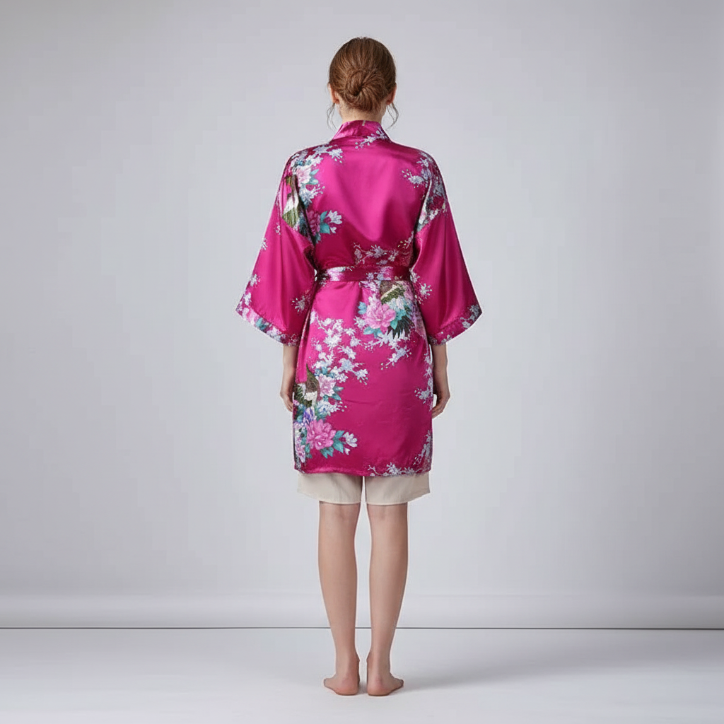 Kurzer Blüten-Kimono-Bademantel knielang mit Glanzfinish und breiten Ärmeln