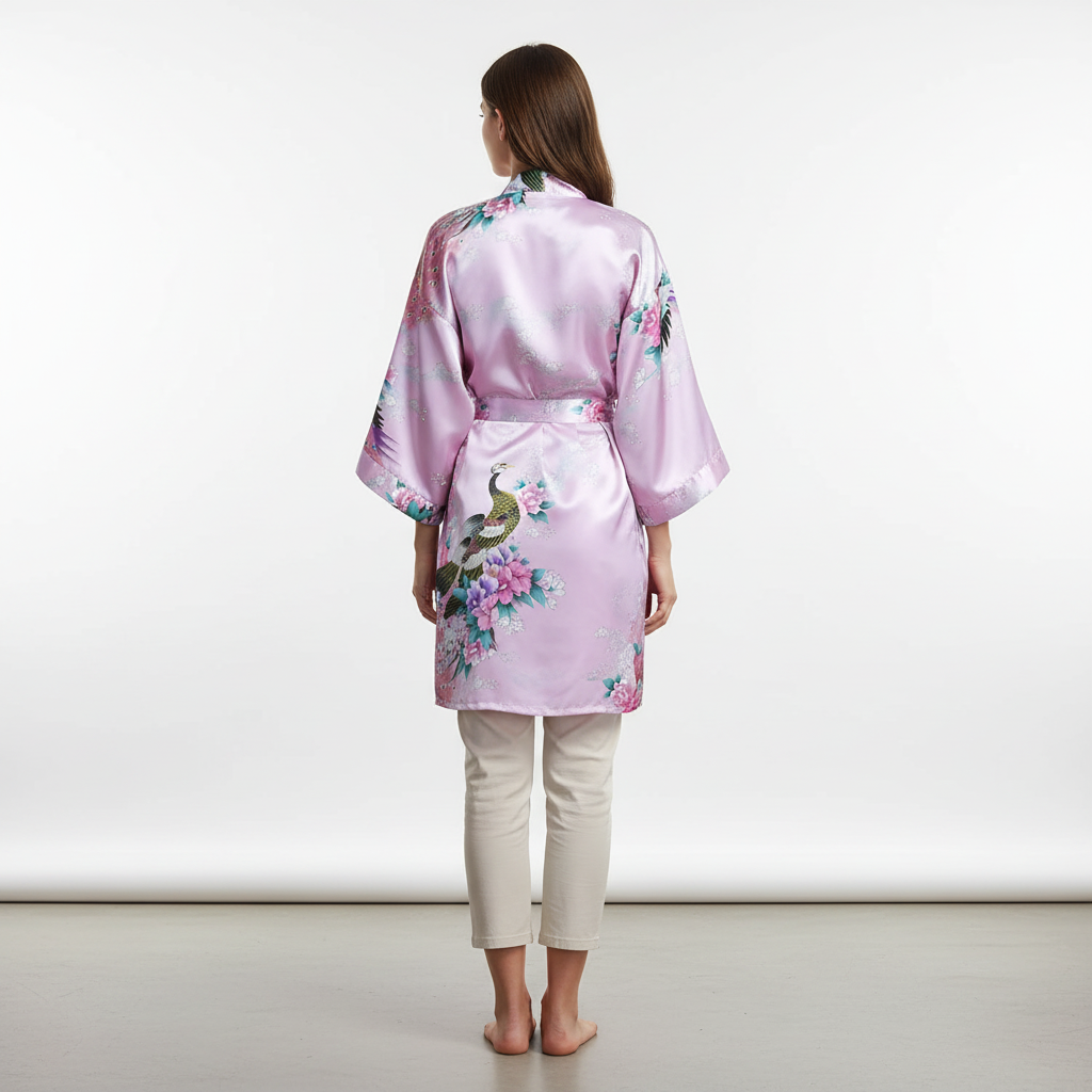 Kurzer Blüten-Kimono-Bademantel knielang mit Glanzfinish und breiten Ärmeln