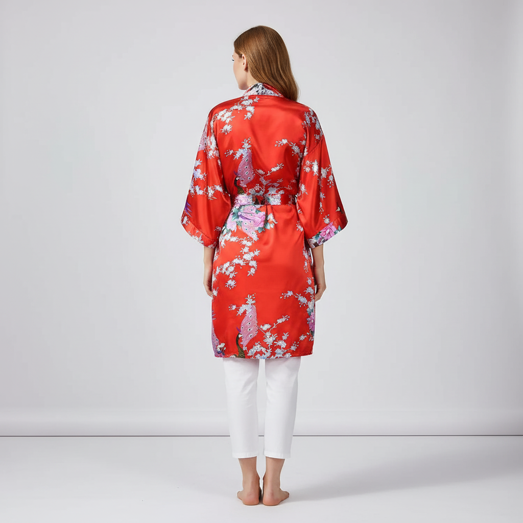 Kurzer Blüten-Kimono-Bademantel knielang mit Glanzfinish und breiten Ärmeln