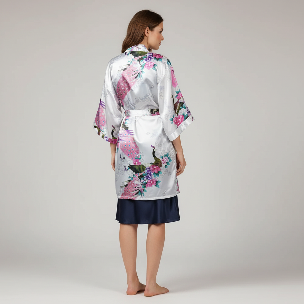 Kurzer Blüten-Kimono-Bademantel knielang mit Glanzfinish und breiten Ärmeln