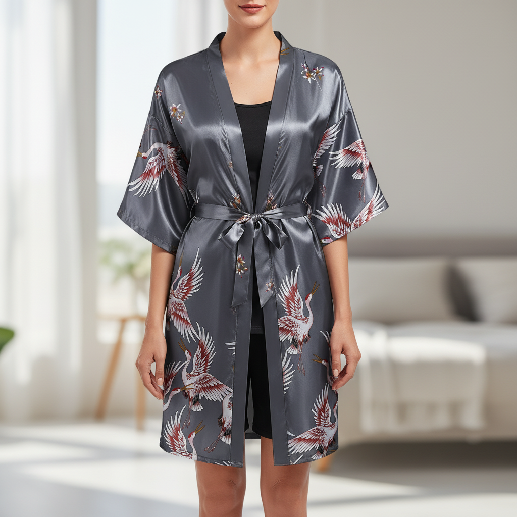 Kurzer Kimono-Morgenmantel mit zartem Blumenmuster elegant seidenartig