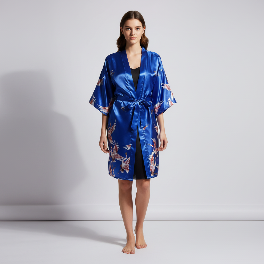 Kurzer Kimono-Morgenmantel mit zartem Blumenmuster elegant seidenartig