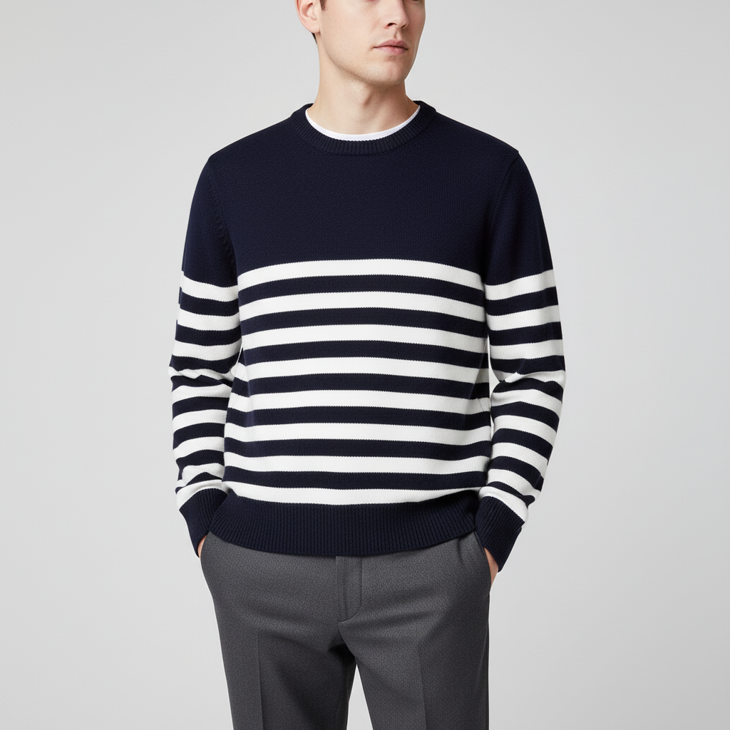Herren-Wollpullover Rundhalsausschnitt Streifen warm Winter