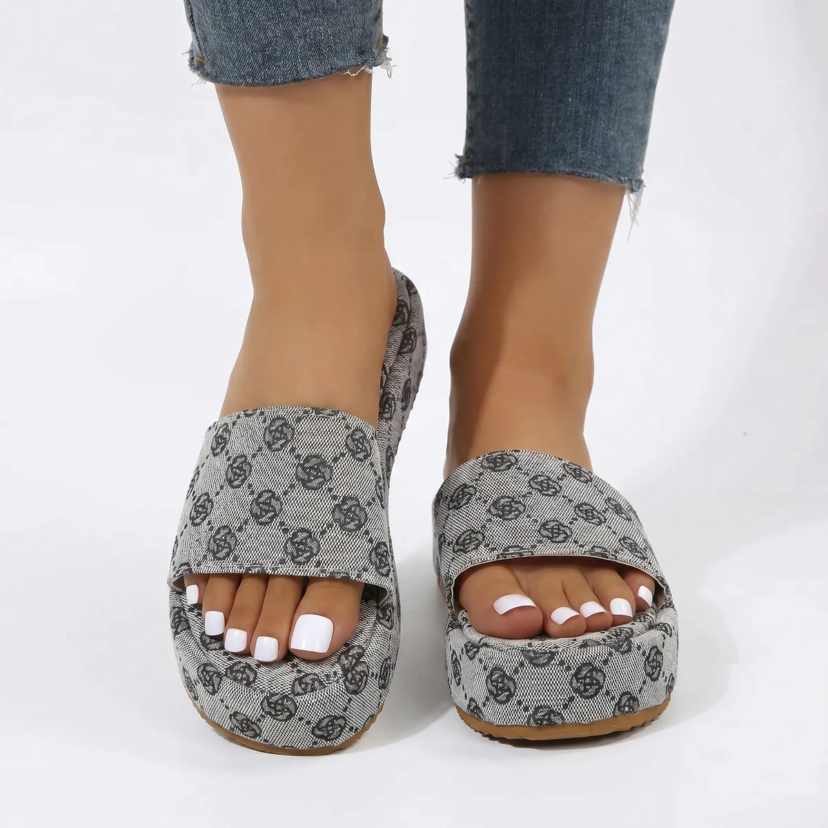 Damen-Slide-Sandalen flach geometrisches Muster breiter Riemen offene Zehen