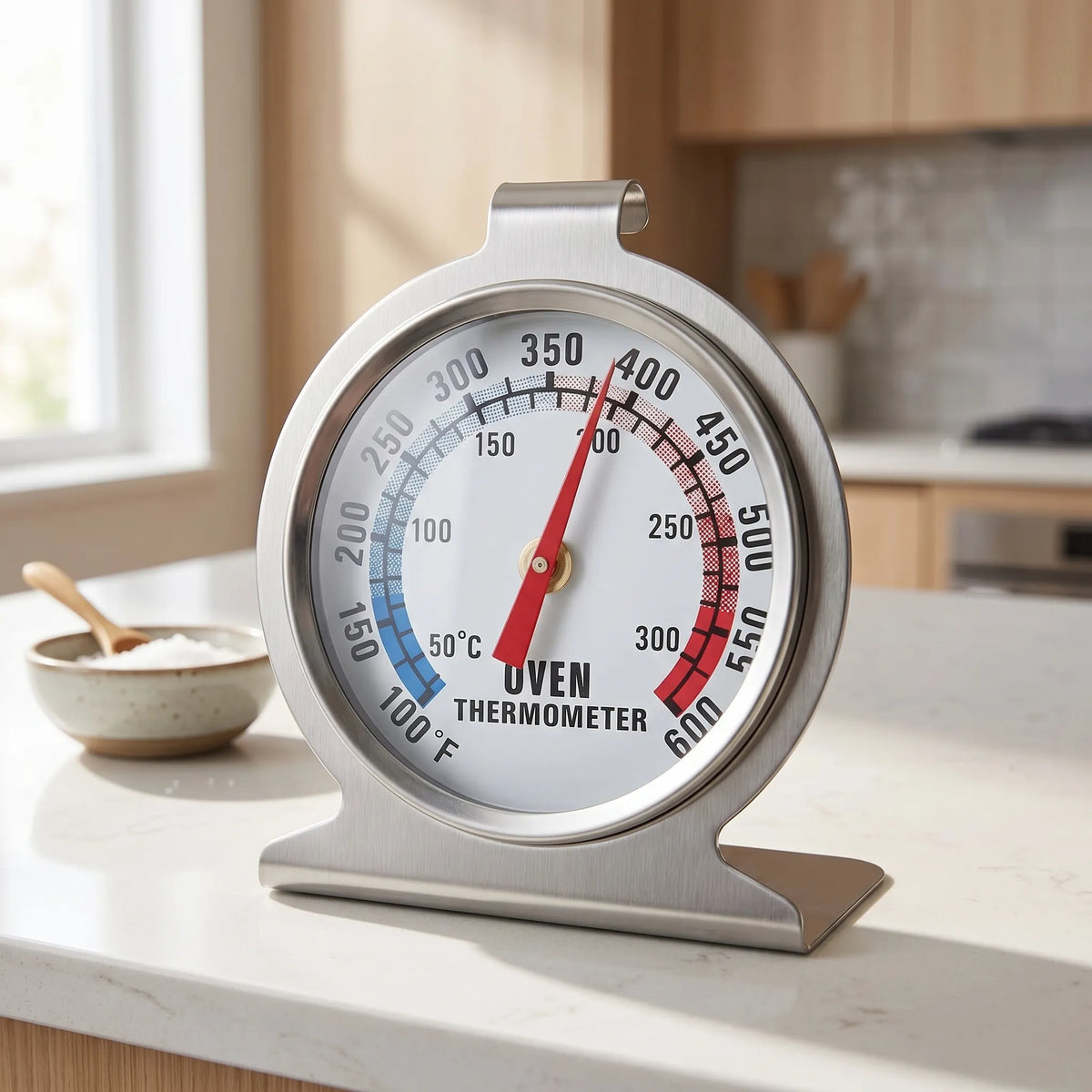 Analoges Ofenthermometer mit farbcodierten Temperaturzonen und breiter Basis