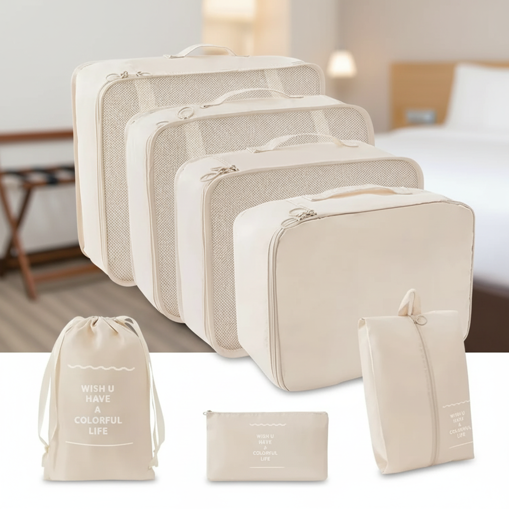 Siebenteiliges Packwürfel-Set mit Mesh-Einsätzen und Schuhtasche
