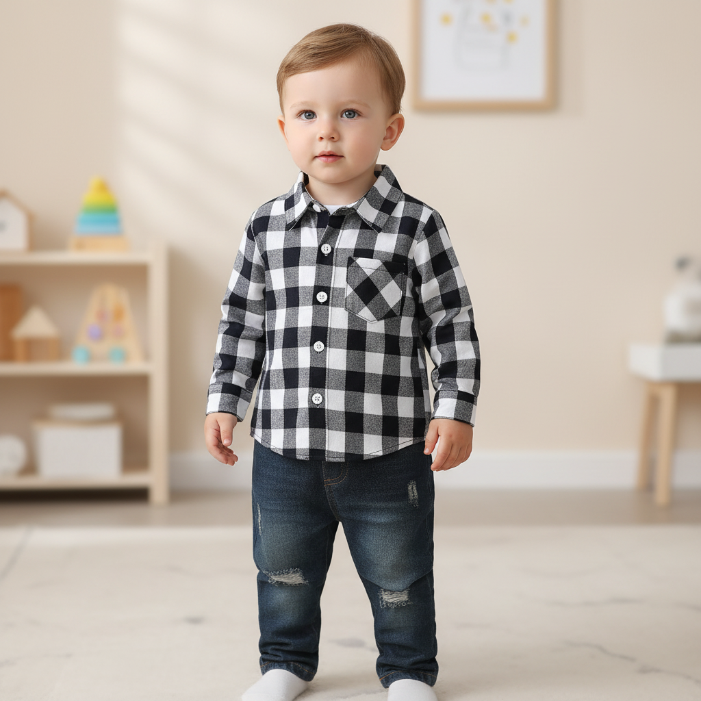 Kleinkinderanzug mit kariertem Flanellhemd und Jeans mit elastischem Bund