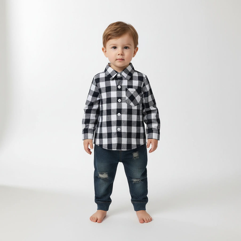 Kleinkinderanzug mit kariertem Flanellhemd und Jeans mit elastischem Bund
