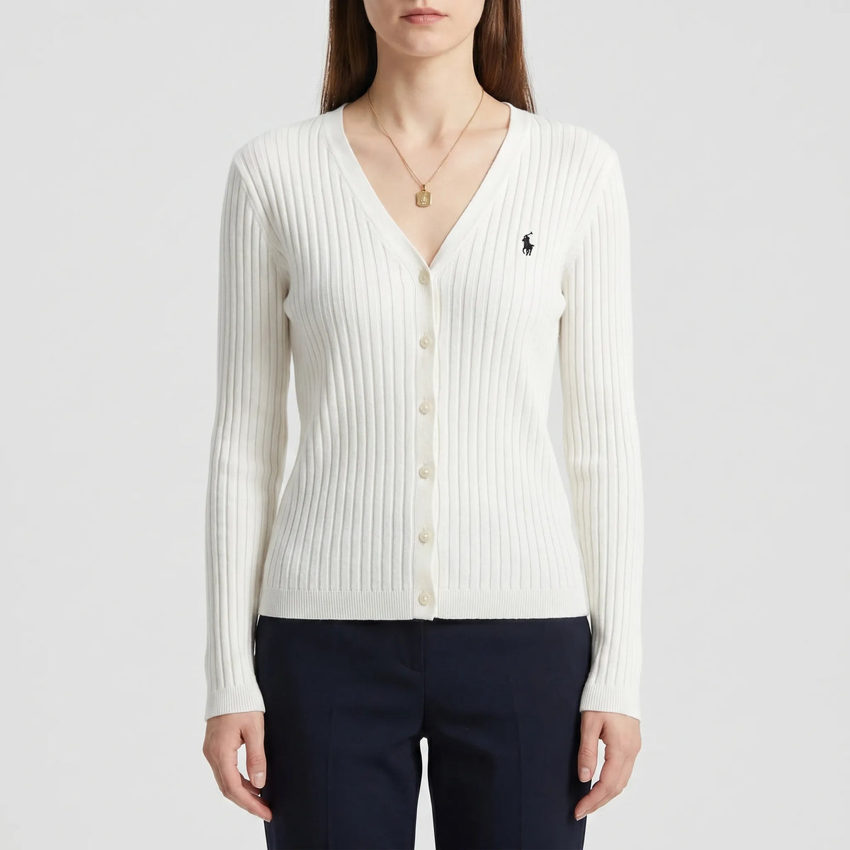 Gerippter Strickcardigin Damen mit Knopfleiste und Bruststickerei