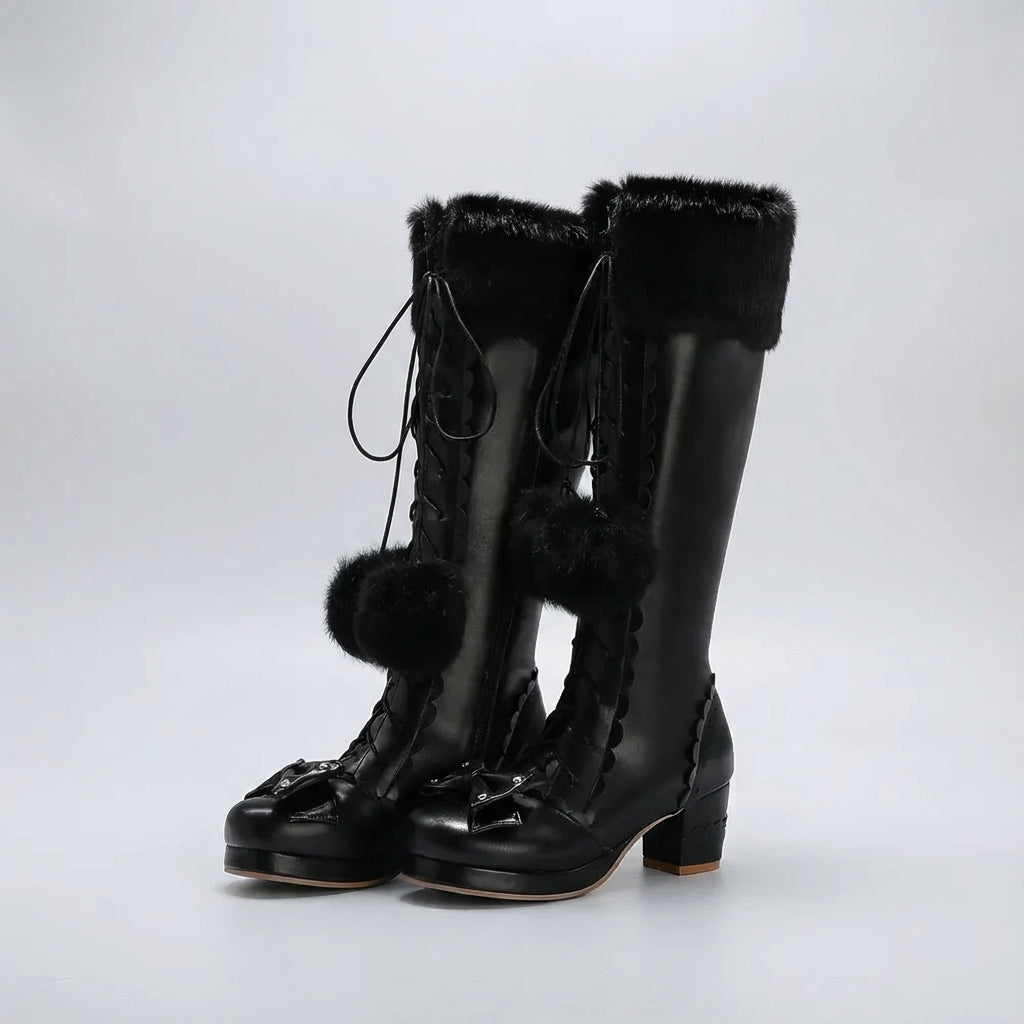 Kniehohe Schnürstiefel mit Kunstfellbesatz warm gefüttert Cosplay