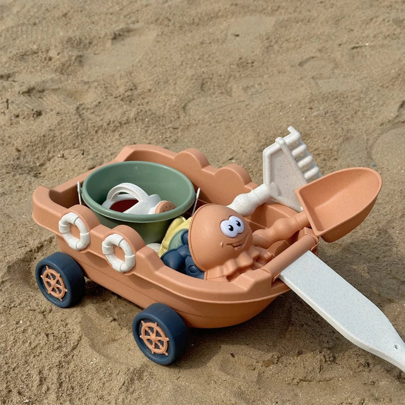 Sandspielzeug-Set für Kinder mit Bagger, Kran und Meerestier-Förmchen