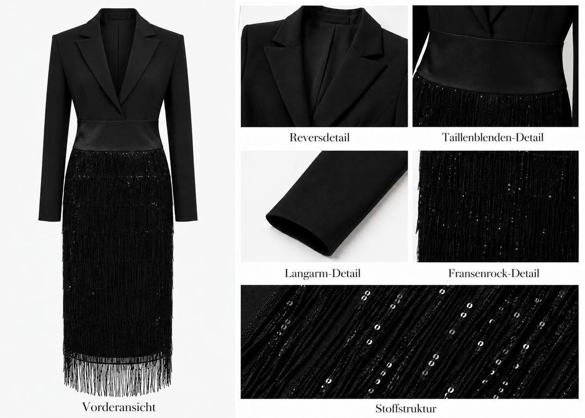 Camp Basel | Schwarzes Blazer-Mieder Pailletten-Fransen Midikleid