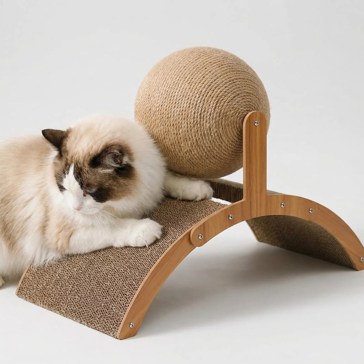 Katzenkratzbaum 2-in-1 mit Sisalball und gebogenem Kratzbrett aus Massivholz