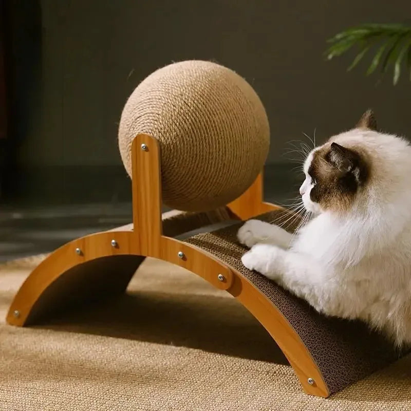 Katzenkratzbaum 2-in-1 mit Sisalball und gebogenem Kratzbrett aus Massivholz