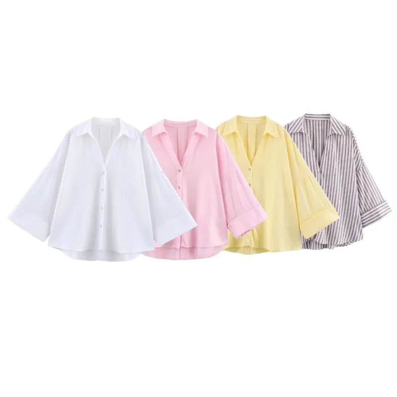 Bluse mit weiten Ärmeln und asymmetrischem Saum Johnny-Kragen Knopfleiste