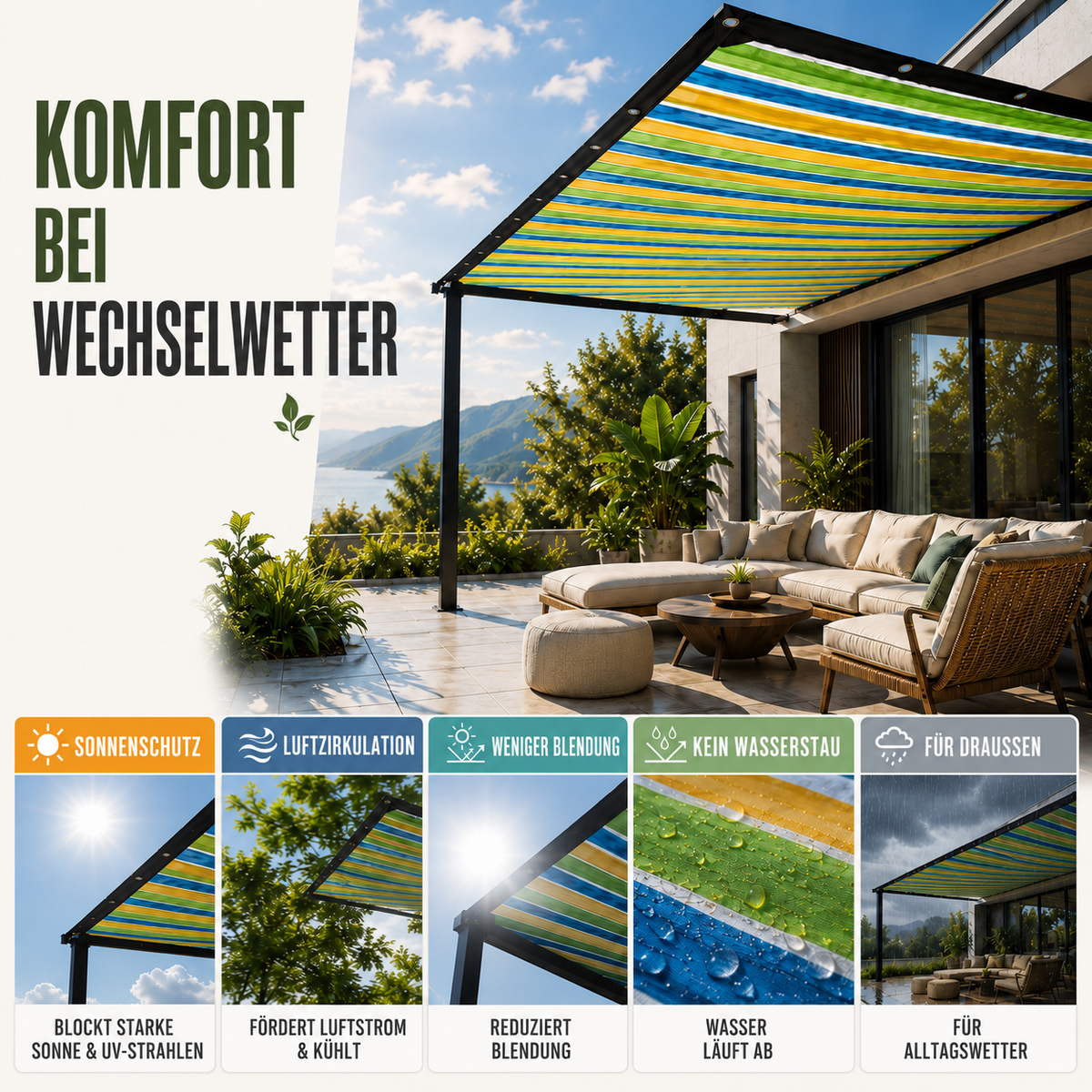 Camp Basel | ShadeLoom Gestreiftes Outdoor-Sonnenschutznetz