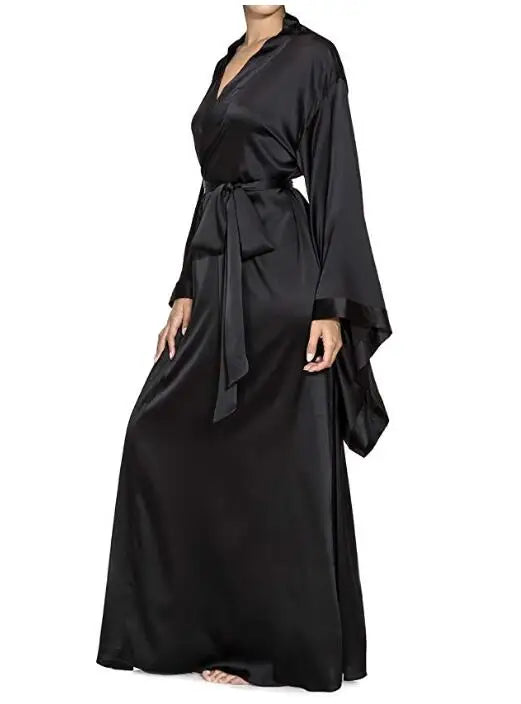 Langer Wickel-Bademantel mit breiten Ärmeln und Satin-Glanz elegant
