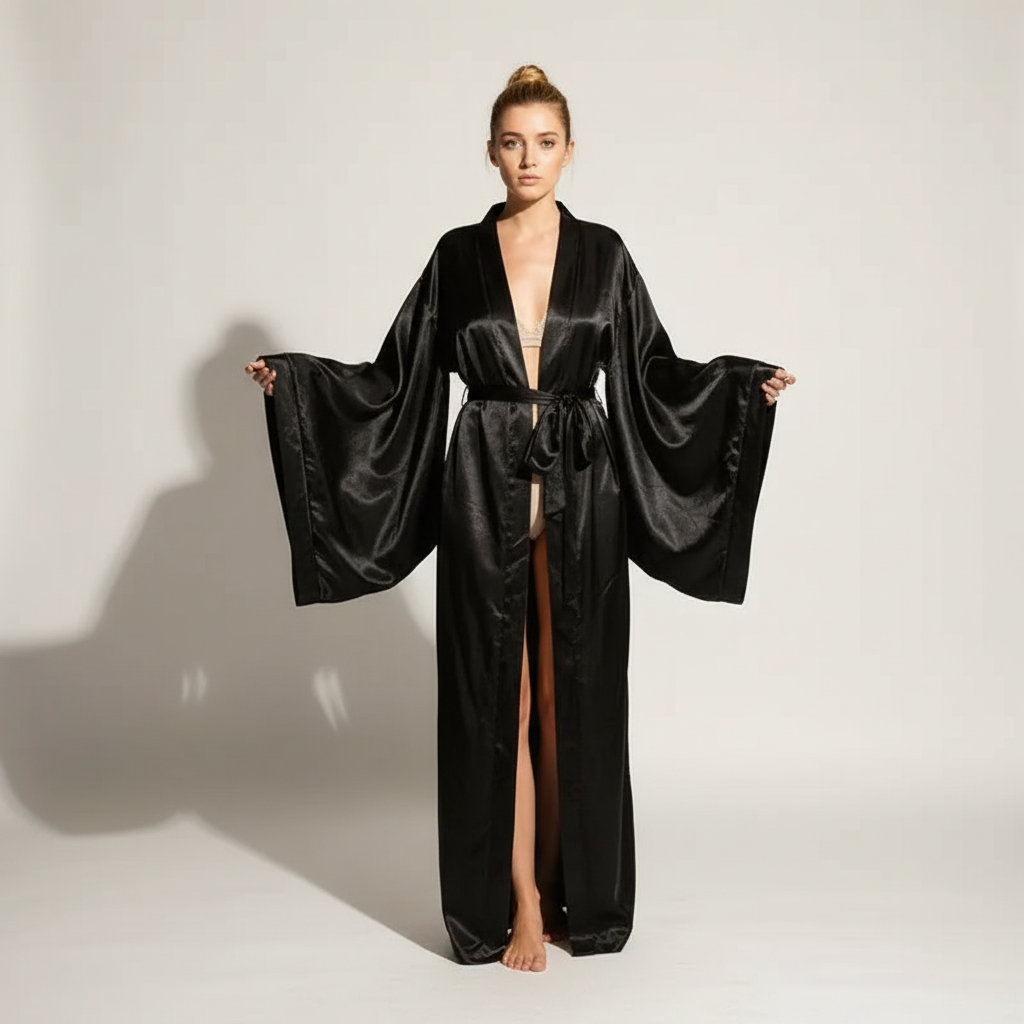 Langer Wickel-Bademantel mit breiten Ärmeln und Satin-Glanz elegant