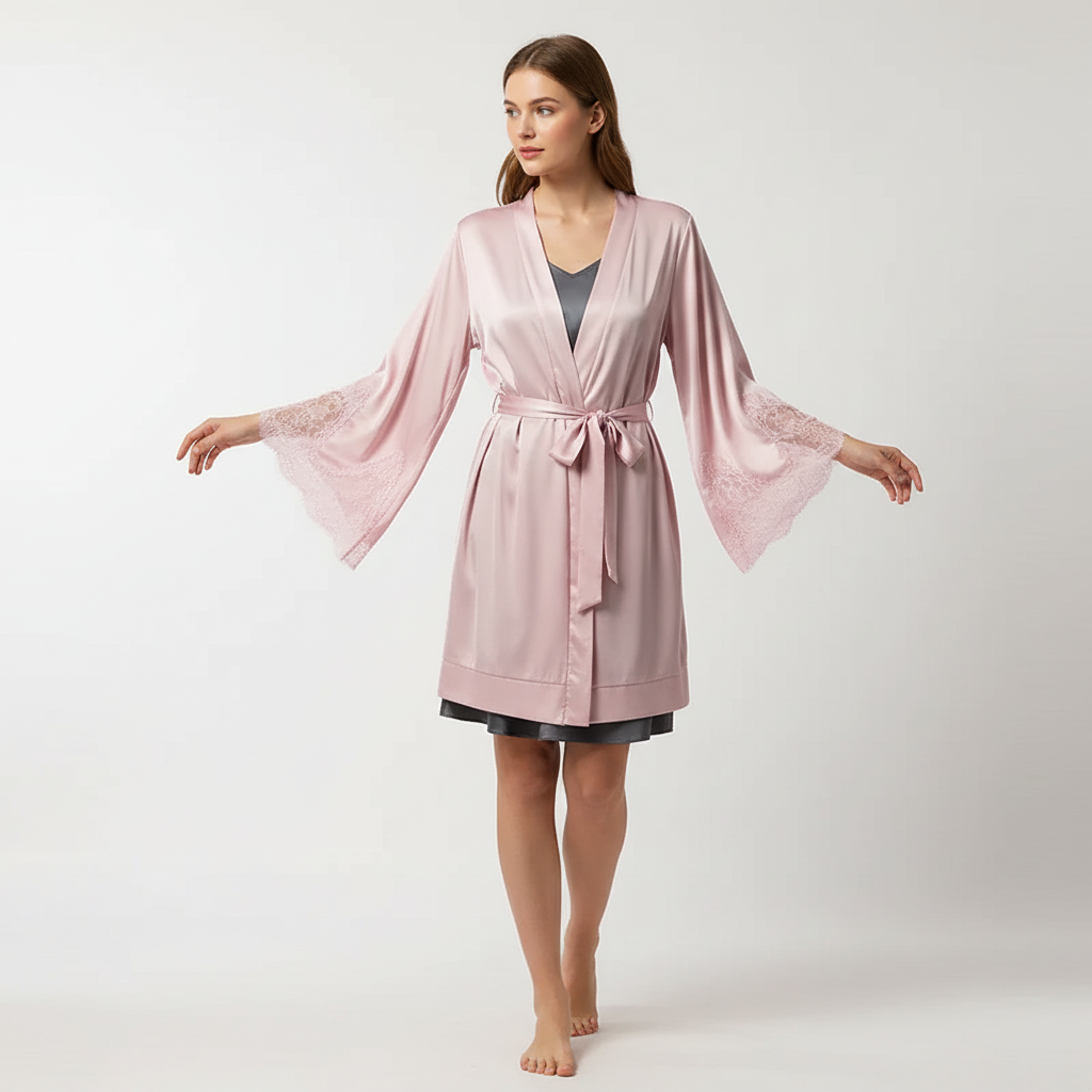Kurzer Kimono-Bademantel mit Spitzenverzierung