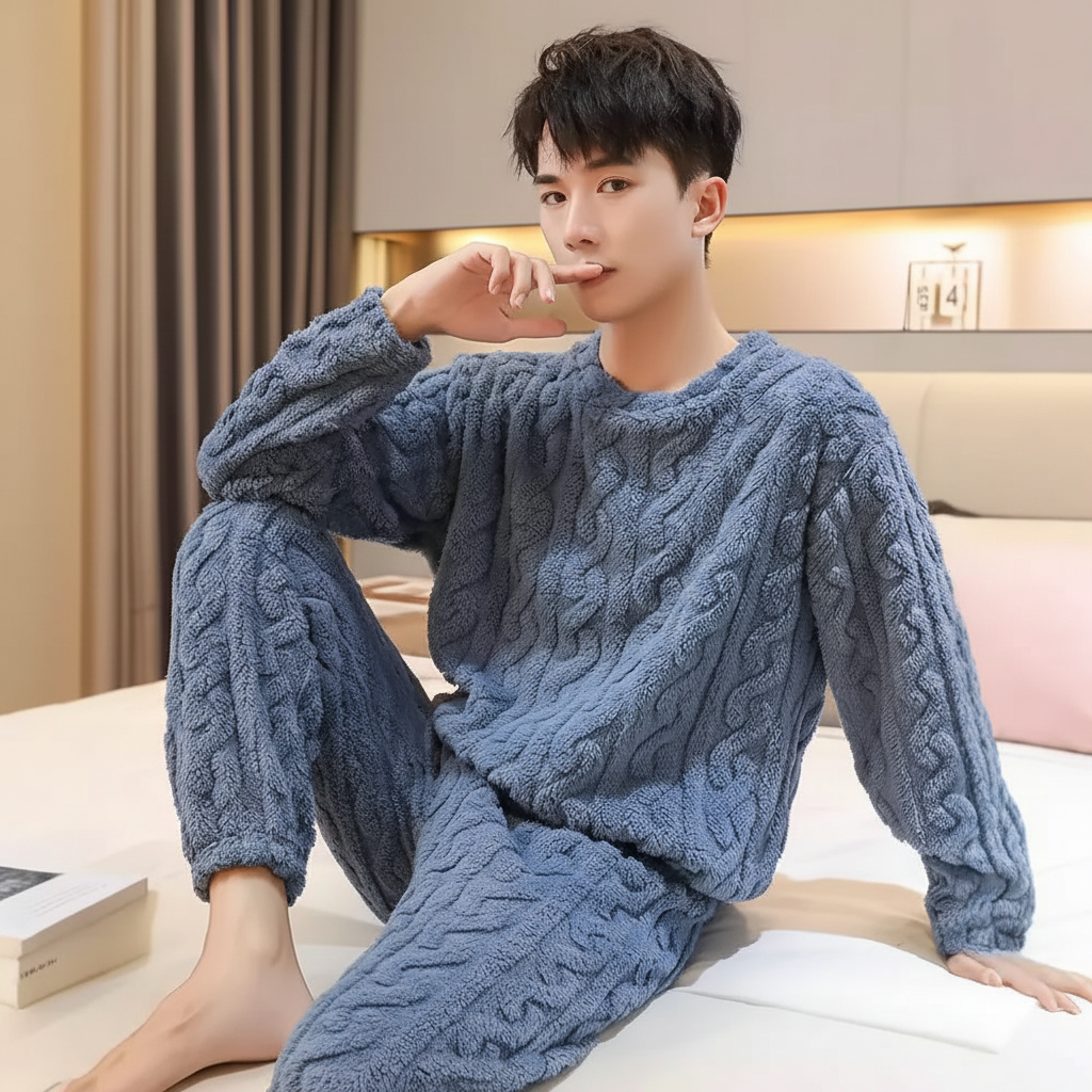 Herrenpyjama Strick Winter warm gemütlich lockerer Schnitt