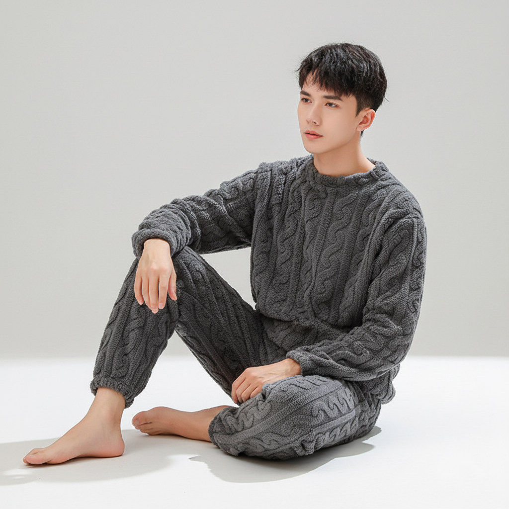 Herrenpyjama Strick Winter warm gemütlich lockerer Schnitt