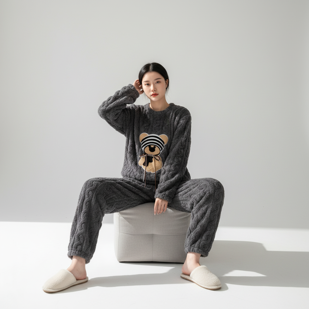 Dicker Pyjama mit Strickstruktur und süßem Cartoon-Bärenmotiv
