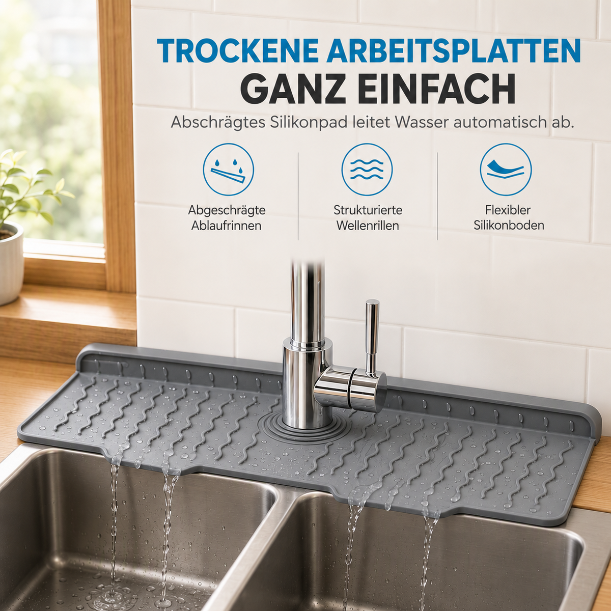 Camp Basel | Spritzschutzmatte aus Silikon für Spüle und Armatur – schräge Abtropfmatte für die Küche