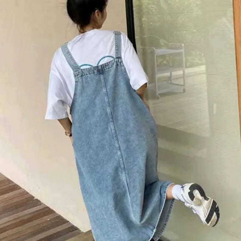 Denim-Trägerkleid Midi verstellbare Träger legere Passform Brusttasche