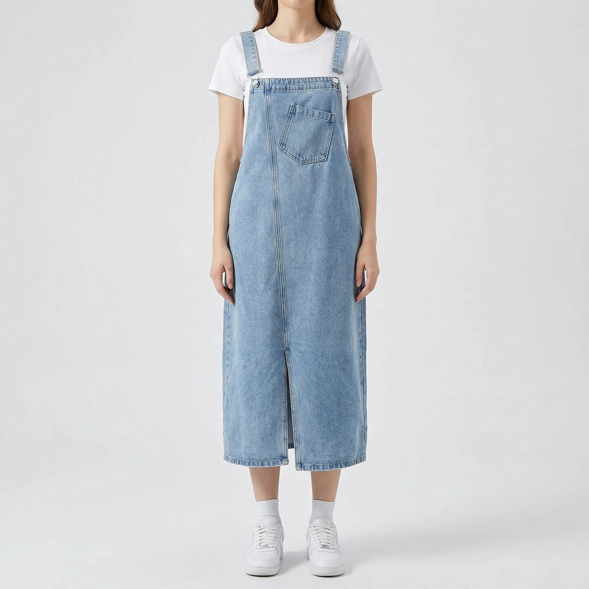 Denim-Trägerkleid Midi verstellbare Träger legere Passform Brusttasche