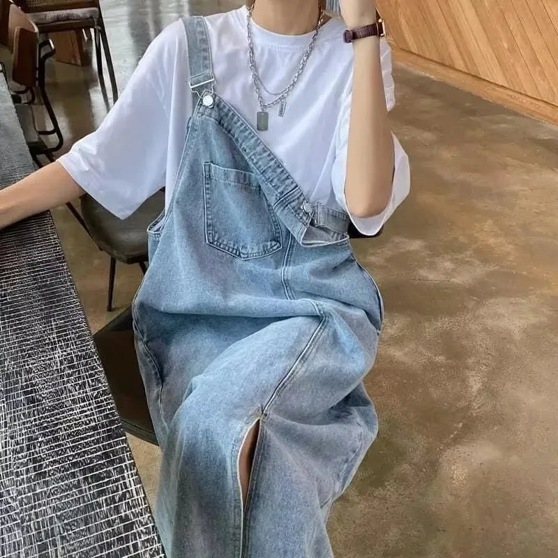 Denim-Trägerkleid Midi verstellbare Träger legere Passform Brusttasche