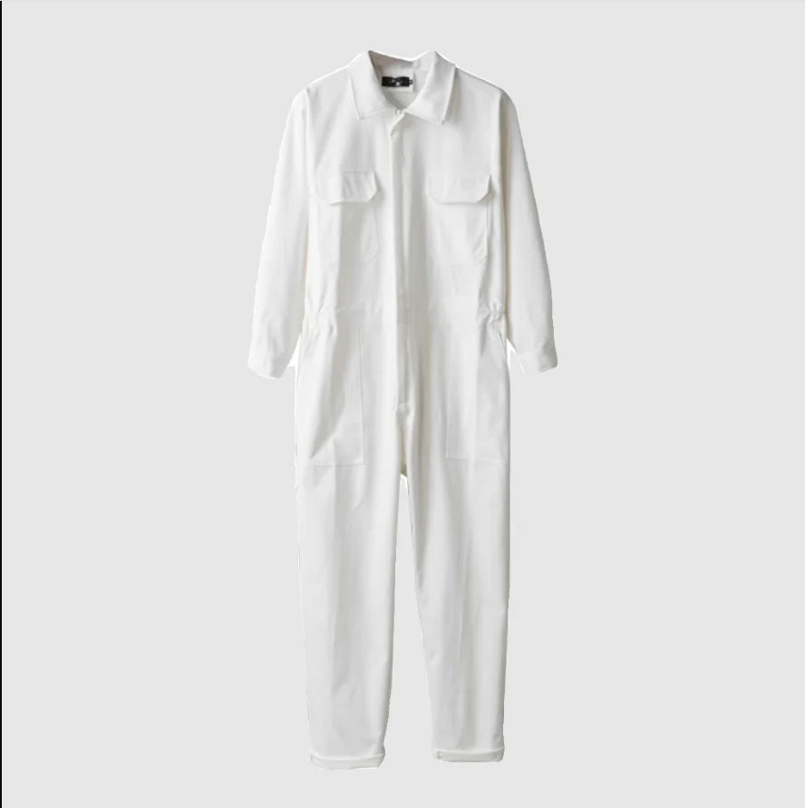 Herren-Jumpsuit Langarm weiß Cargo-Taschen tapered Knöchel