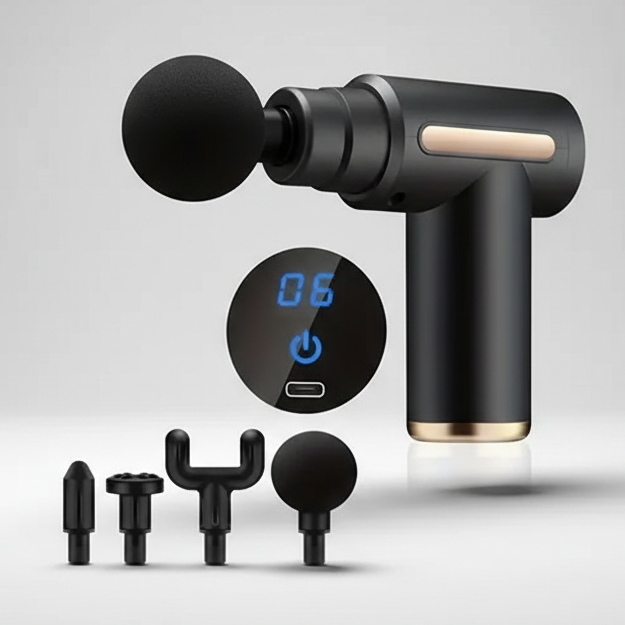Tragbarer Percussion-Massager mit austauschbaren Massageköpfen für Tiefenmassage