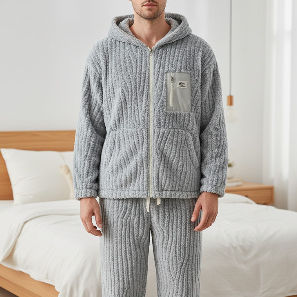 Herren-Pyjama-Set Kapuze Reißverschlussjacke warme Strickware