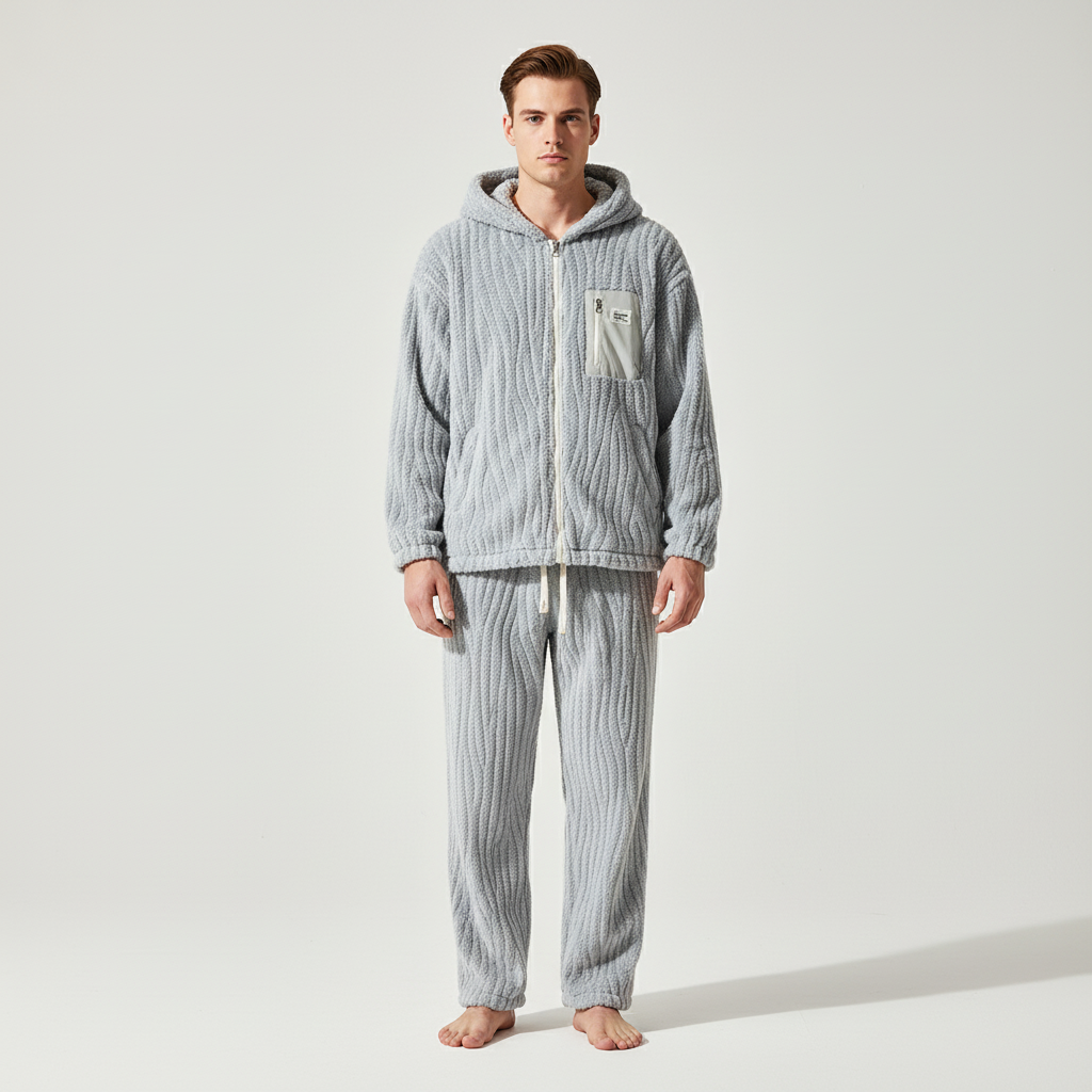 Herren-Pyjama-Set Kapuze Reißverschlussjacke warme Strickware