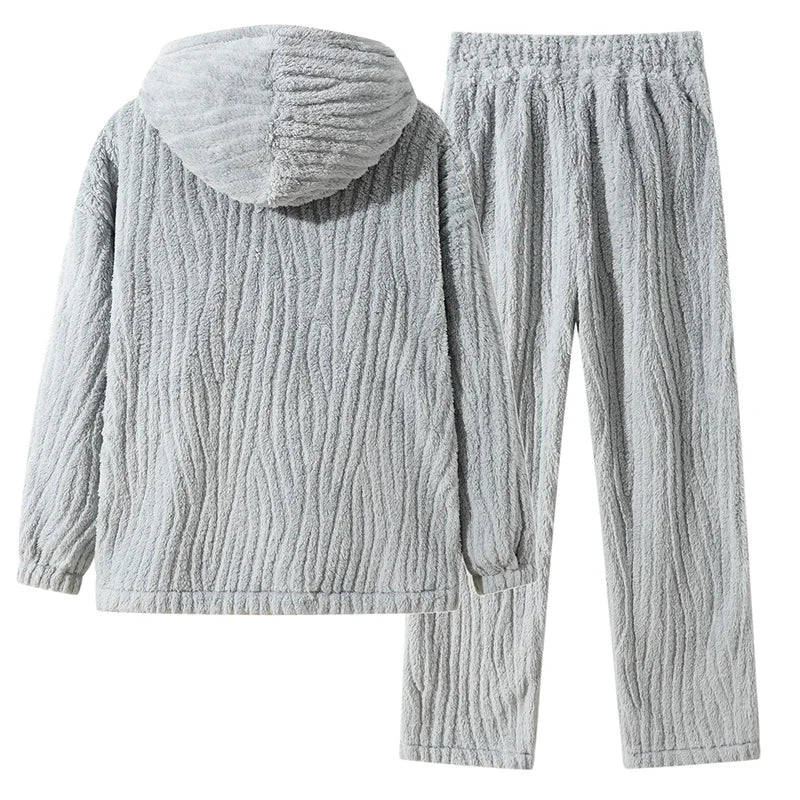Herren-Pyjama-Set Kapuze Reißverschlussjacke warme Strickware