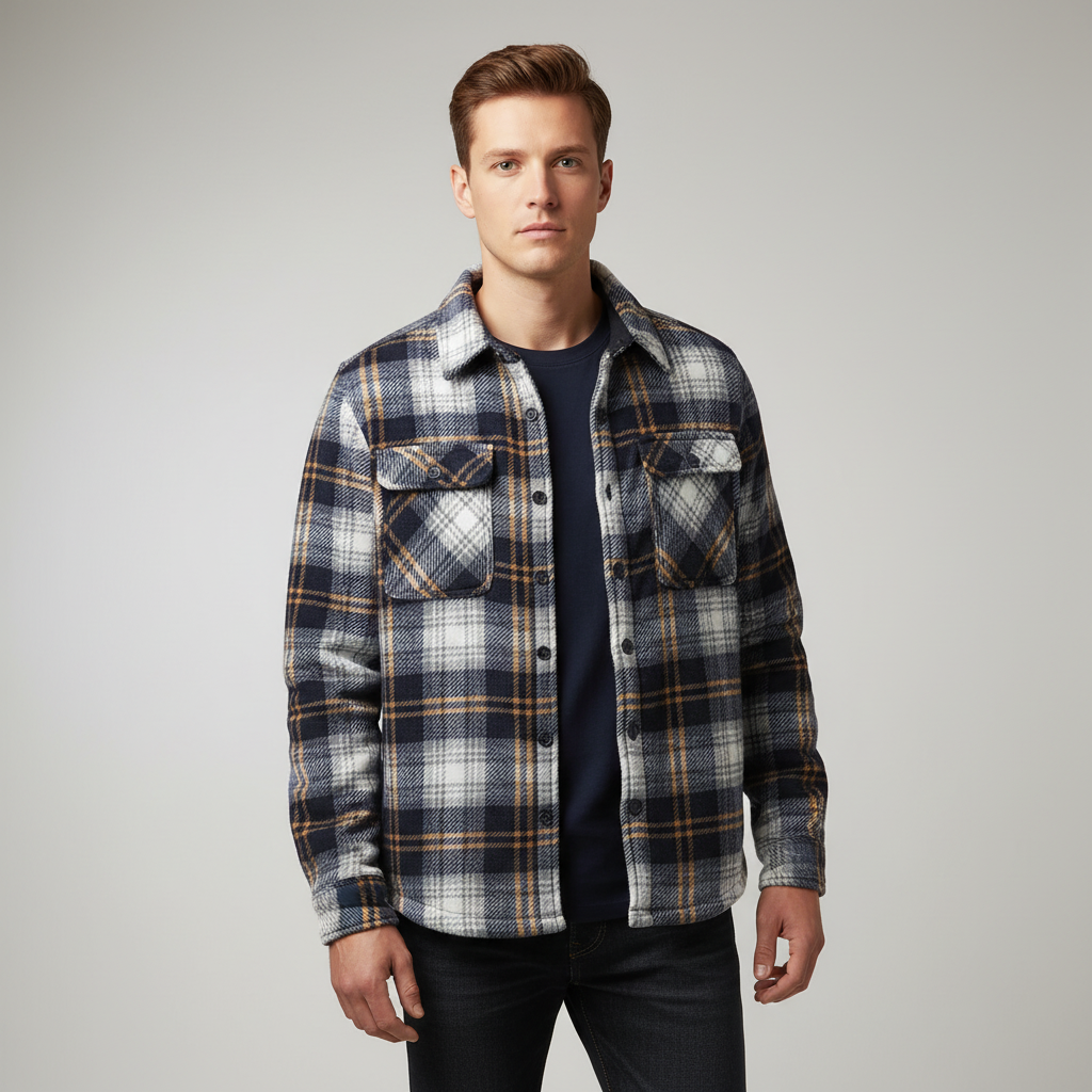 Herren Fleece-Hemdenjacke Karomuster Umlegekragen warm