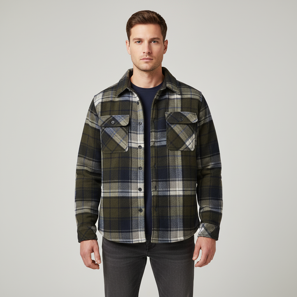 Herren Fleece-Hemdenjacke Karomuster Umlegekragen warm