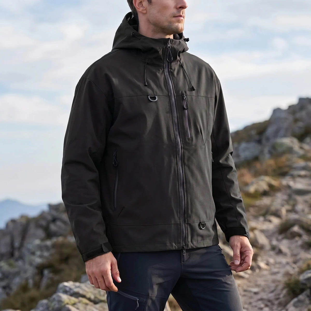 Wasserabweisende Windbreaker-Jacke mit verstellbarer Kapuze und Taschen