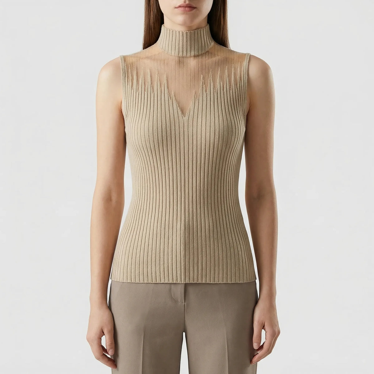 Ärmellos gestricktes Mesh-Oberteil mit Y2K-Halbkragen und gerippter Passform