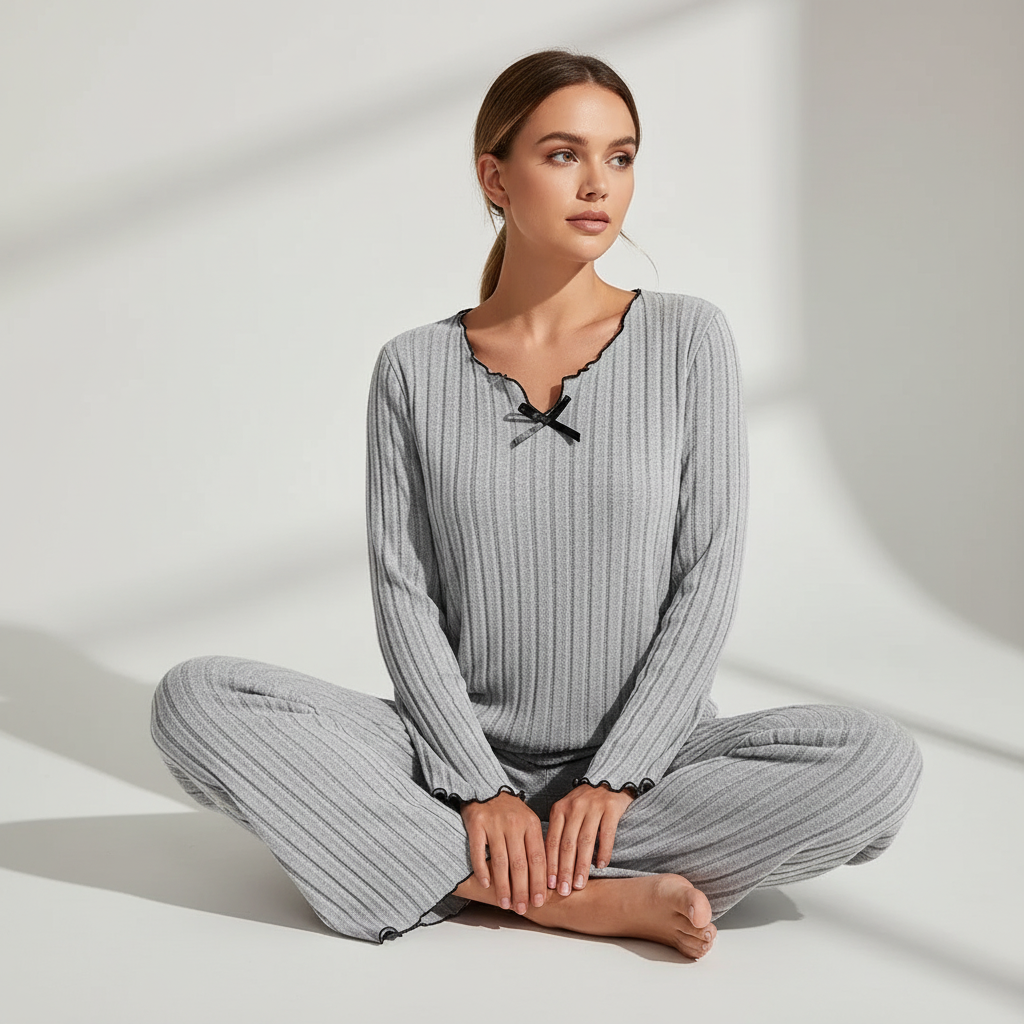 Damen-Pyjama-Set gestreift mit Rüschensaum entspannte Passform