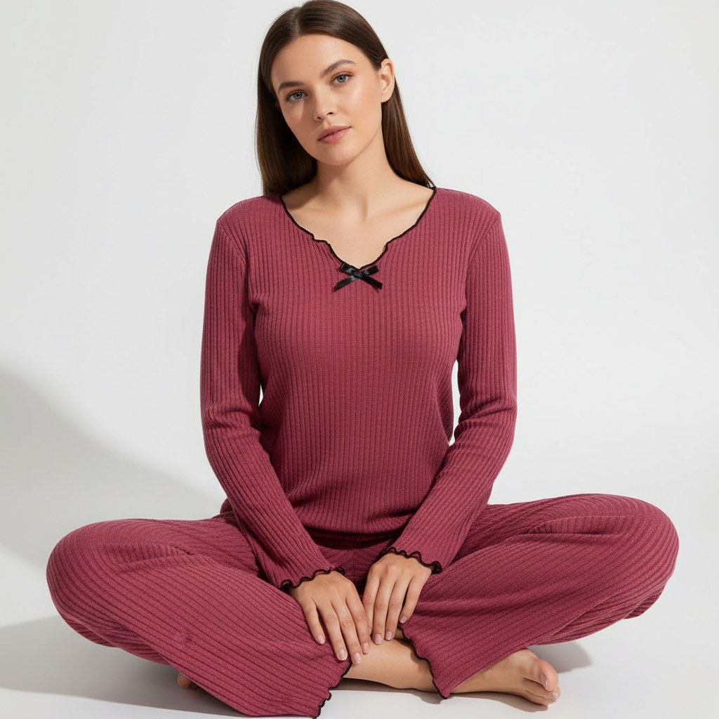 Damen-Pyjama-Set gestreift mit Rüschensaum entspannte Passform