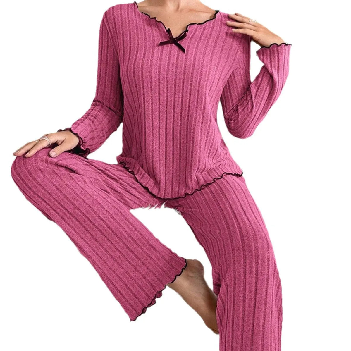 Damen-Pyjama-Set gestreift mit Rüschensaum entspannte Passform
