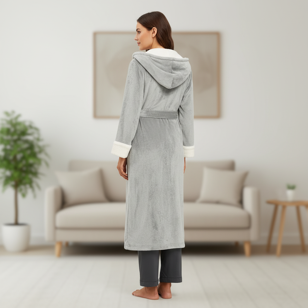 Langer Kapuzenbademantel Damen Flausch knöchellang mit verstellbarem Gürtel