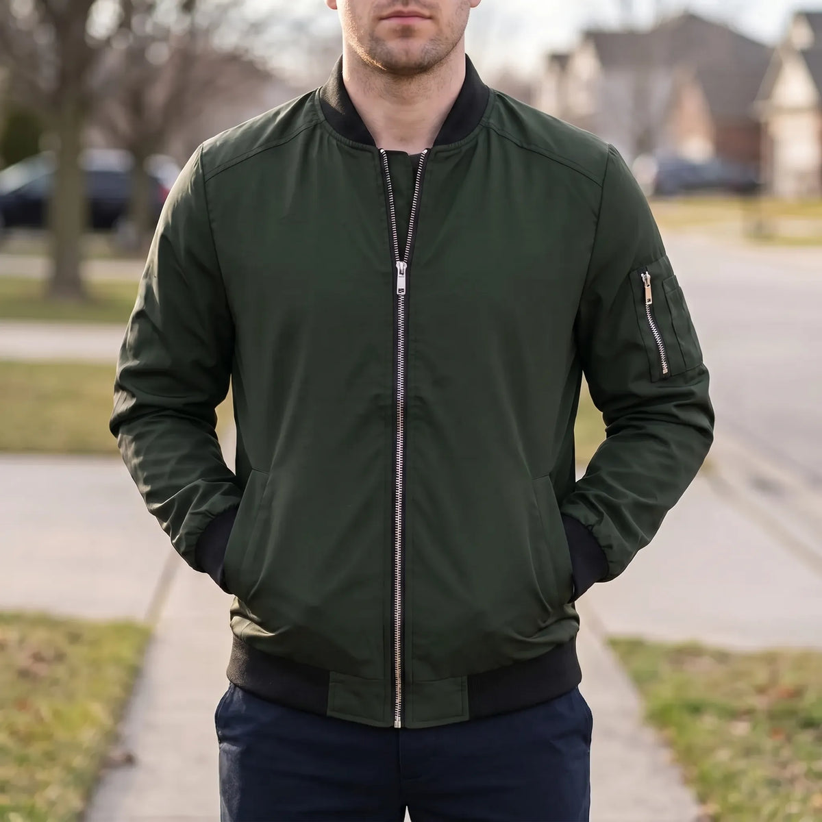 Herren-Windjacke mit Reißverschluss, windabweisend und klassischem Baseballkragen