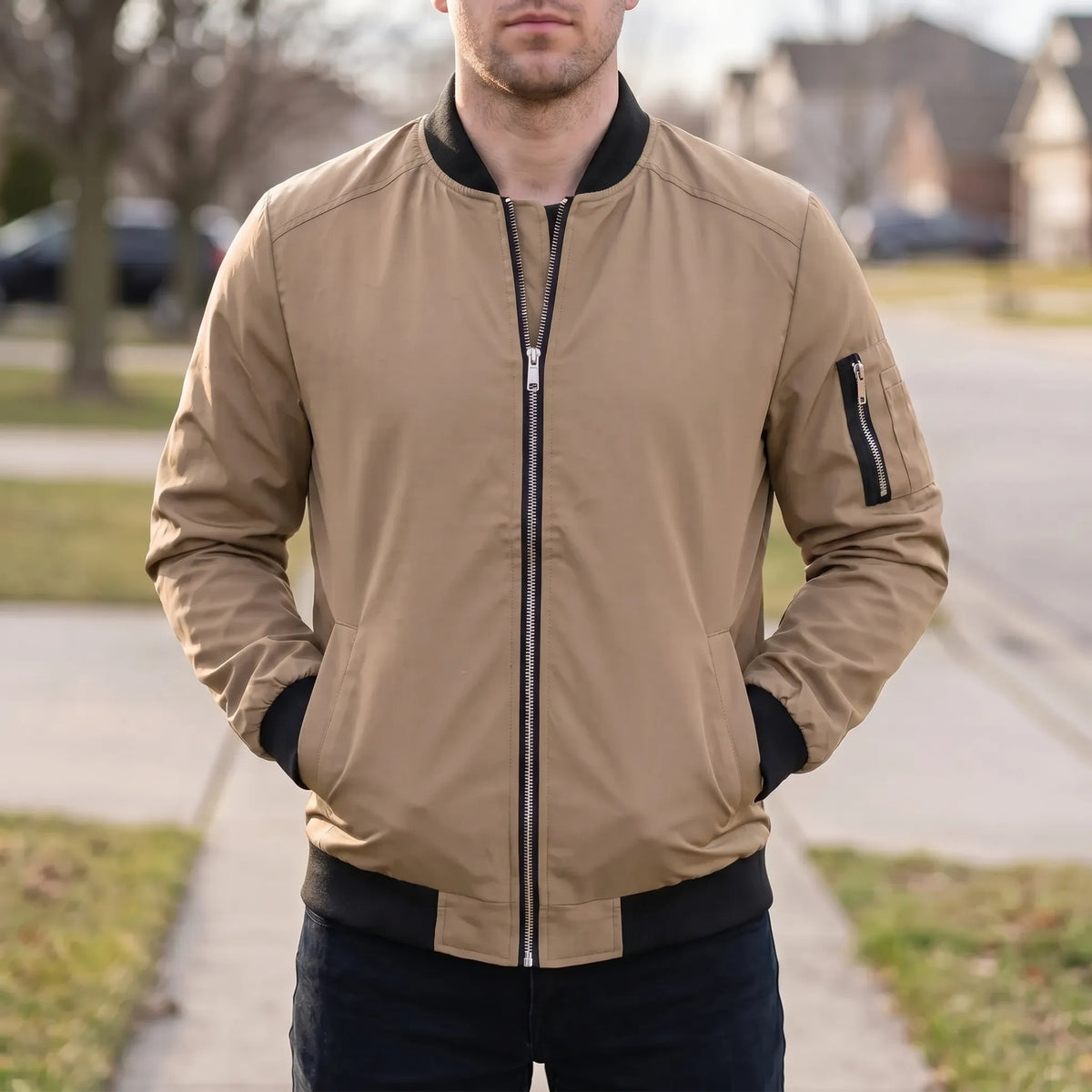 Herren-Windjacke mit Reißverschluss, windabweisend und klassischem Baseballkragen