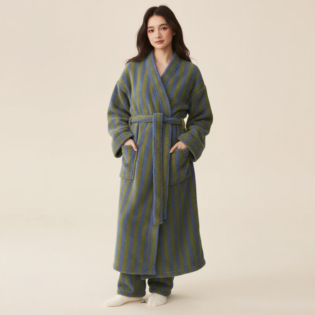 Langer Bademantel Polyester gestreift knöchellang warm