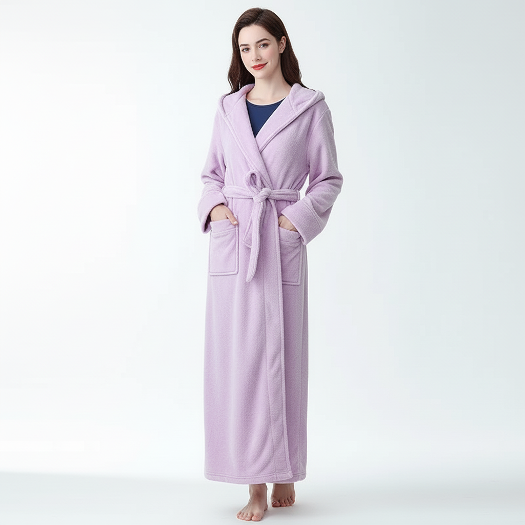 Knöckelhoher Bademantel mit Kapuze, ultra-weiche Fleece, grosse Taschen