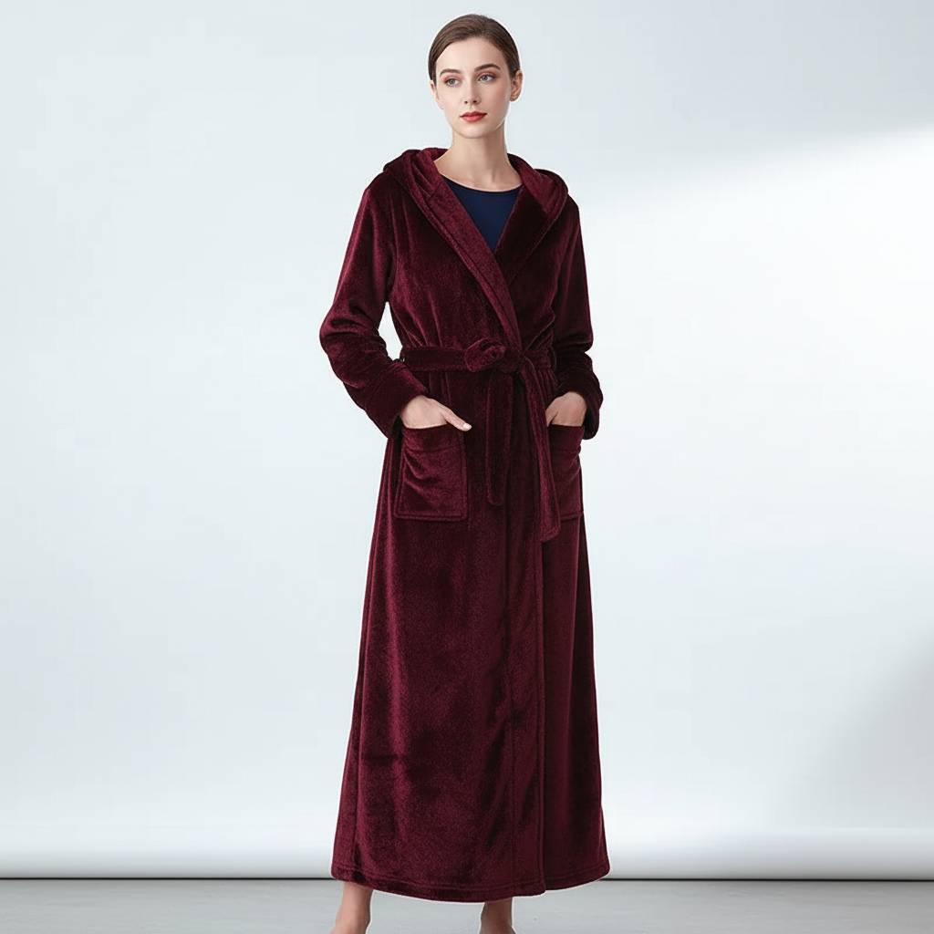 Knöckelhoher Bademantel mit Kapuze, ultra-weiche Fleece, grosse Taschen